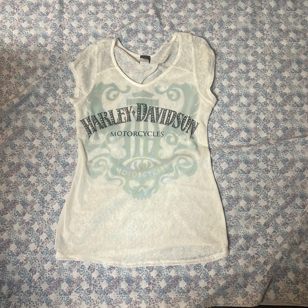 Harley Davidson Women’s Cut Sheer Vneck Shirt with Bling